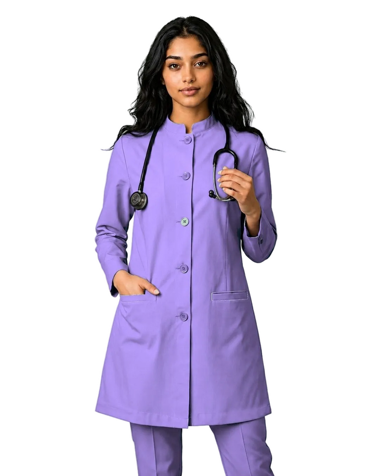 Ladies Round Neck Ban Collar Scrub Top with Buttons
