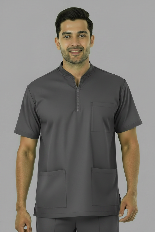Men's 3-Pockets Zip Ban Medical Scrub Top