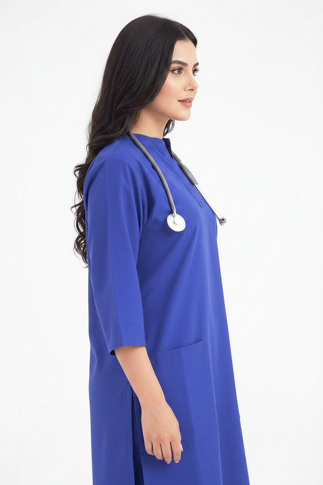 Women's 2-Pockets Round V-Neck Scrub + Ban Collar