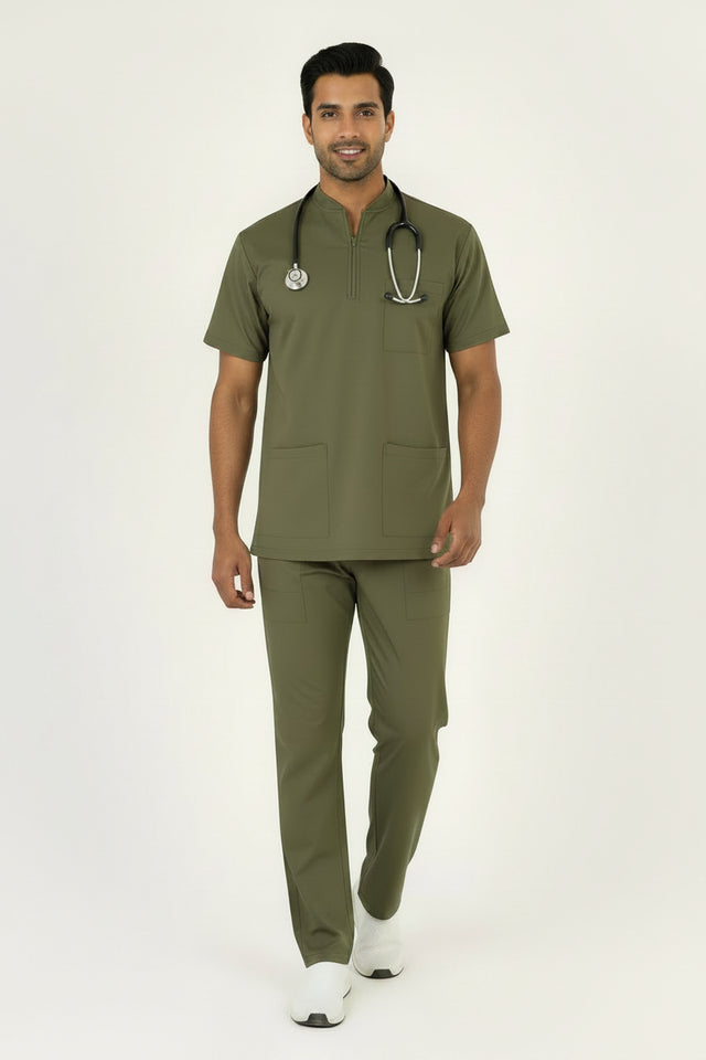 Men's 3-Pockets Zip Ban Medical Scrub Top