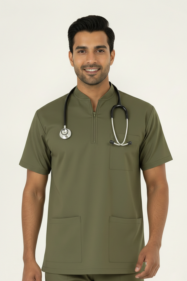 Men's 3-Pockets Zip Ban Medical Scrub Top