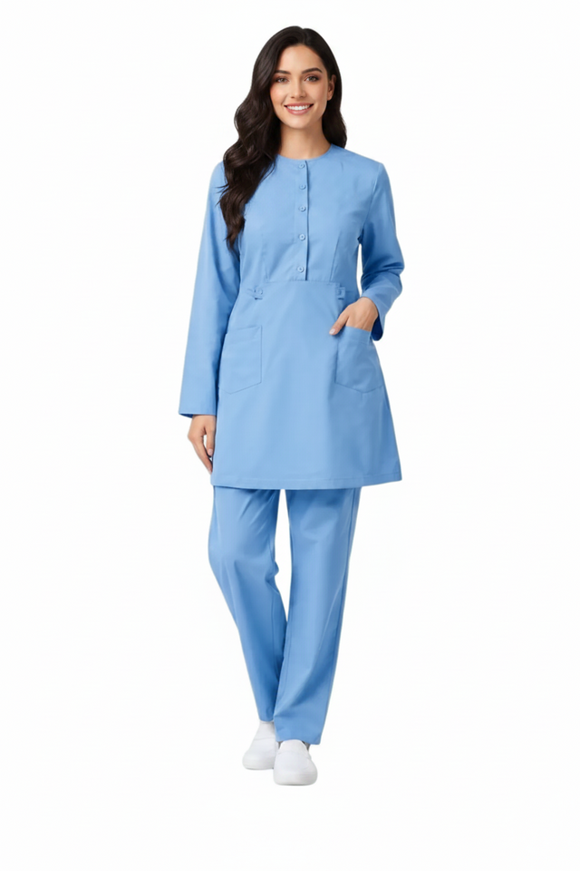 Ladies 2-Pockets Button with Round Neck Scrub