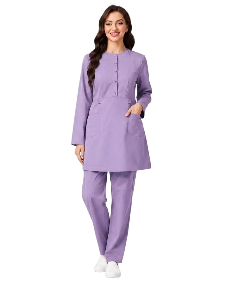 Ladies 2-Pockets Button with Round Neck Scrub