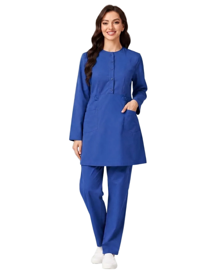 Ladies 2-Pockets Button with Round Neck Scrub