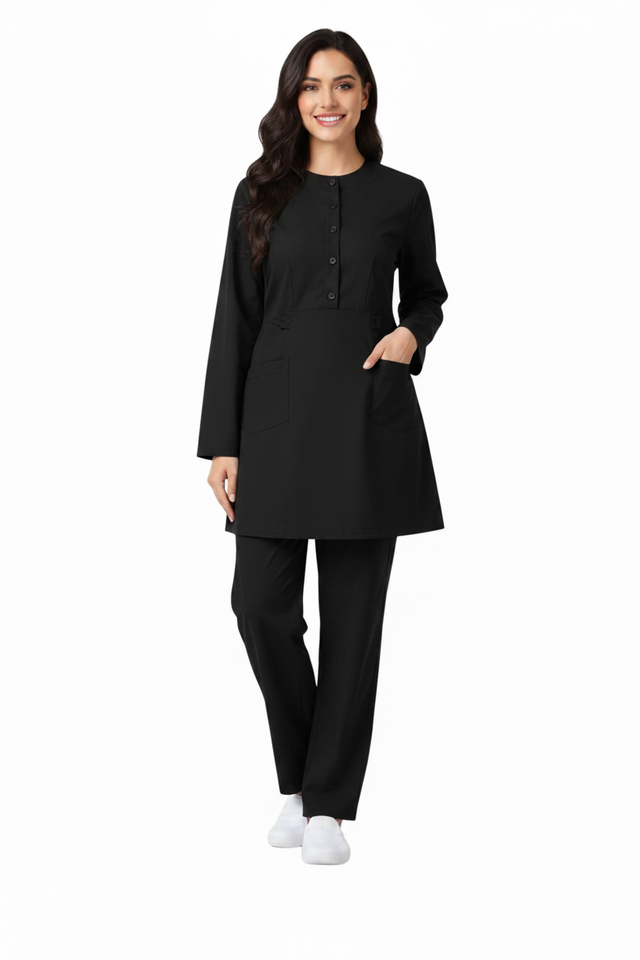 Ladies 2-Pockets Button with Round Neck Scrub