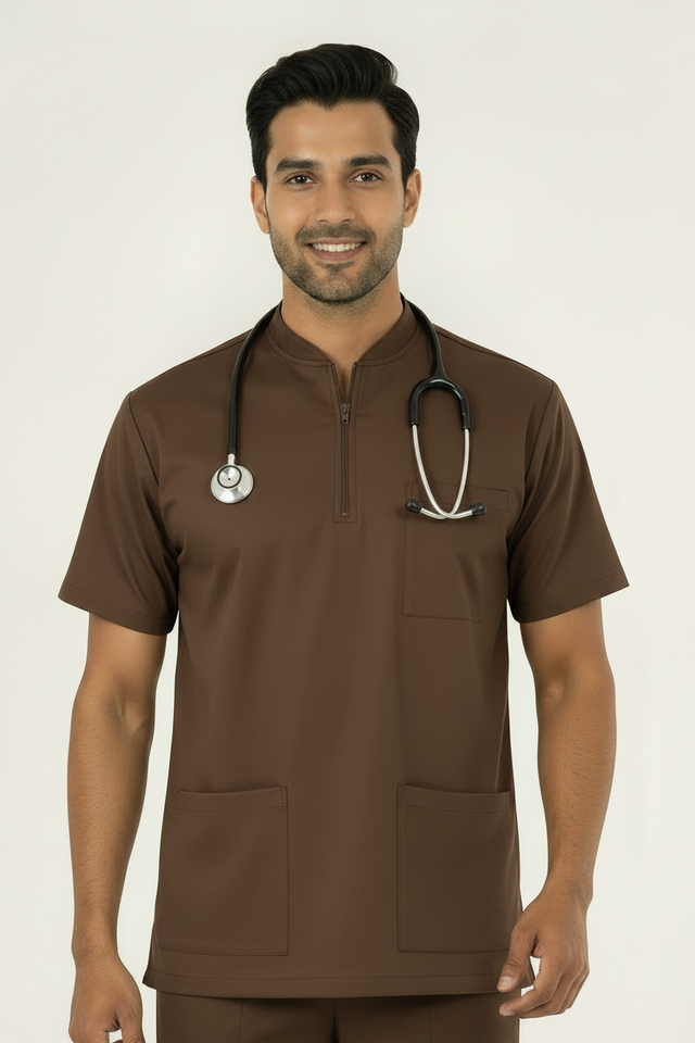 Men's 3-Pockets Zip Ban Medical Scrub Top