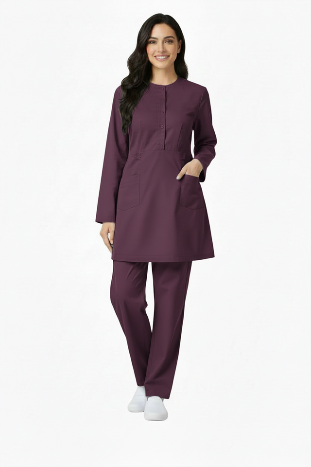 Ladies 2-Pockets Button with Round Neck Scrub