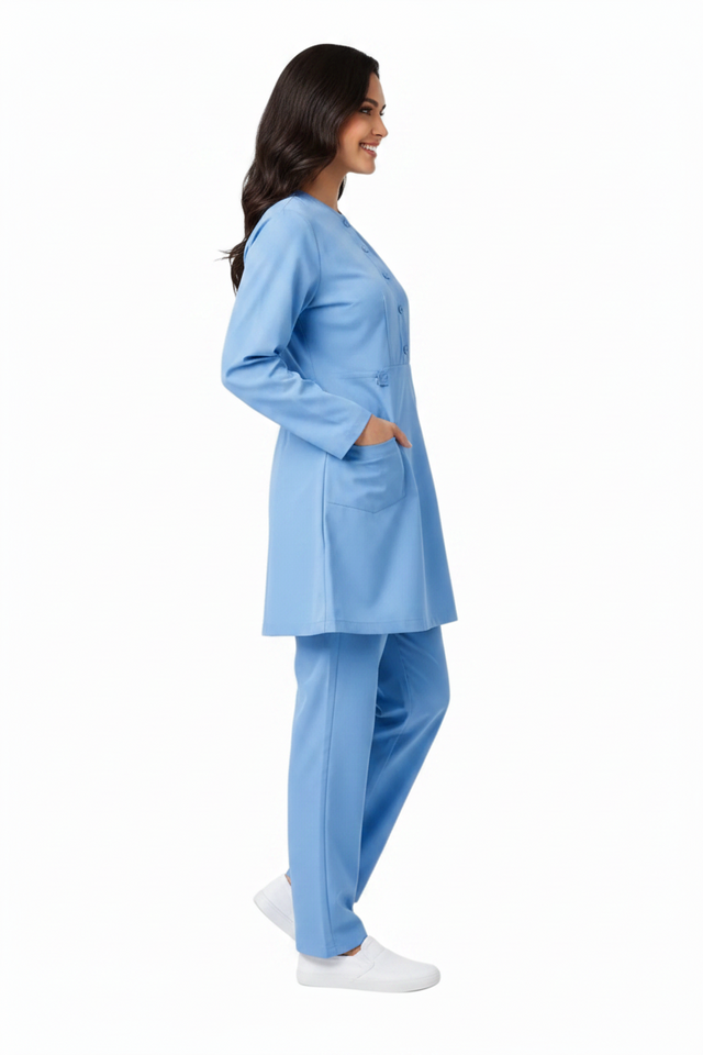 Ladies 2-Pockets Button with Round Neck Scrub