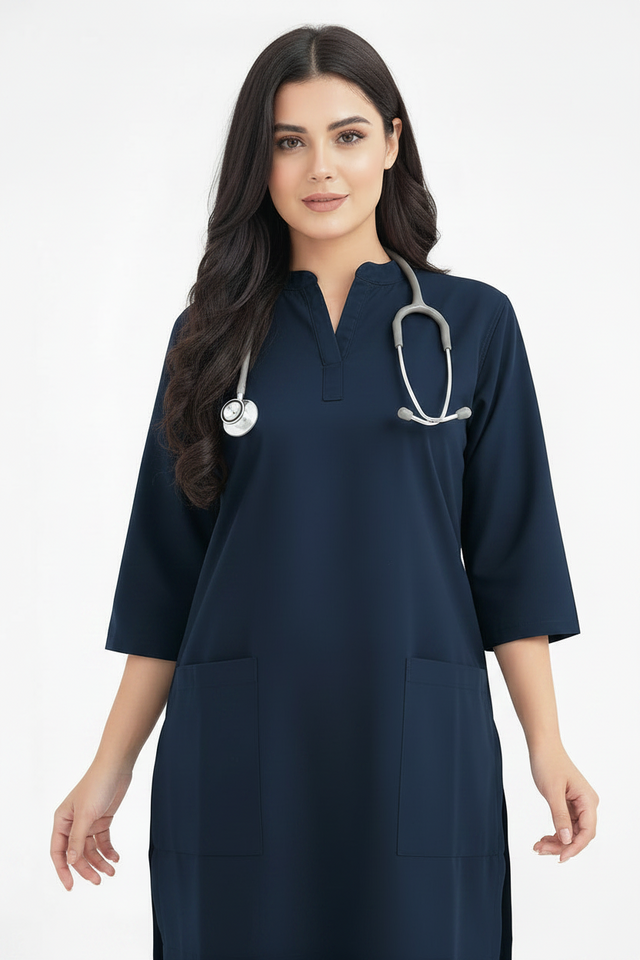 Women's 2-Pockets Round V-Neck Scrub + Ban Collar