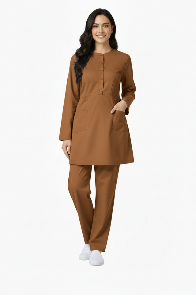 Ladies 2-Pockets Button with Round Neck Scrub