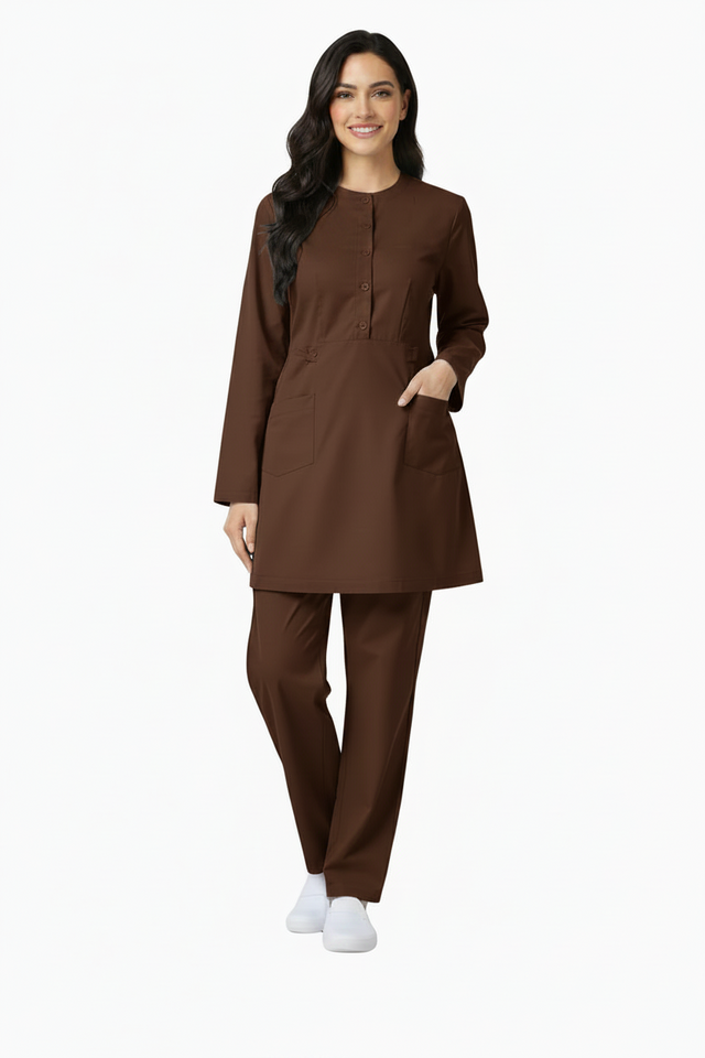 Ladies 2-Pockets Button with Round Neck Scrub