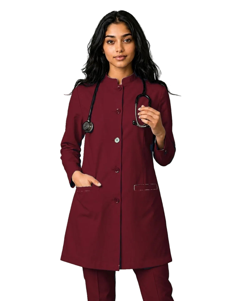 Ladies Round Neck Ban Collar Scrub Top with Buttons