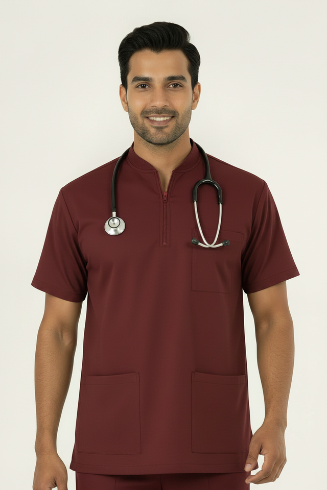 Men's 3-Pockets Zip Ban Medical Scrub Top