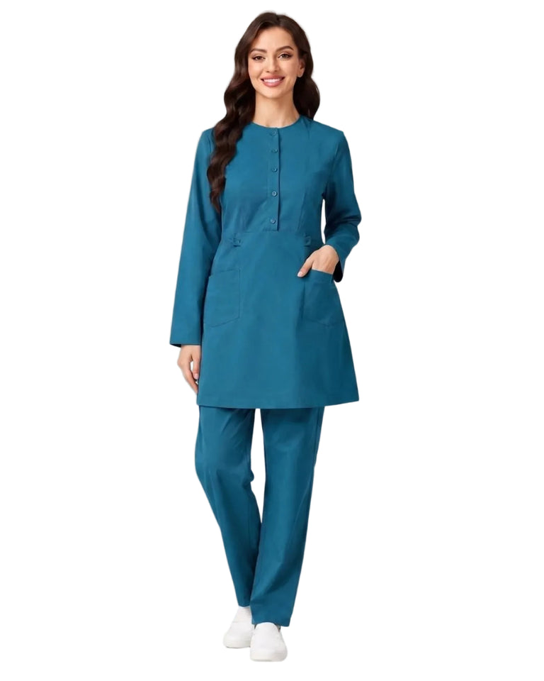 Ladies 2-Pockets Button with Round Neck Scrub