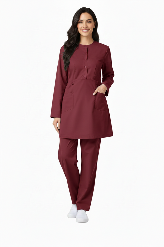 Ladies 2-Pockets Button with Round Neck Scrub