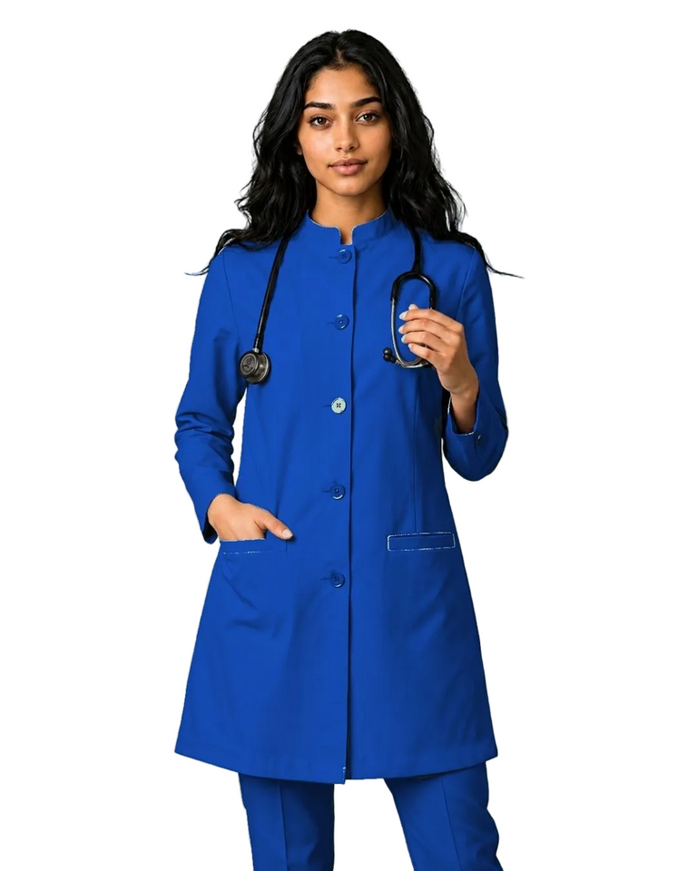 Ladies Round Neck Ban Collar Scrub Top with Buttons