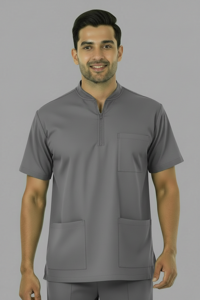 Men's 3-Pockets Zip Ban Medical Scrub Top