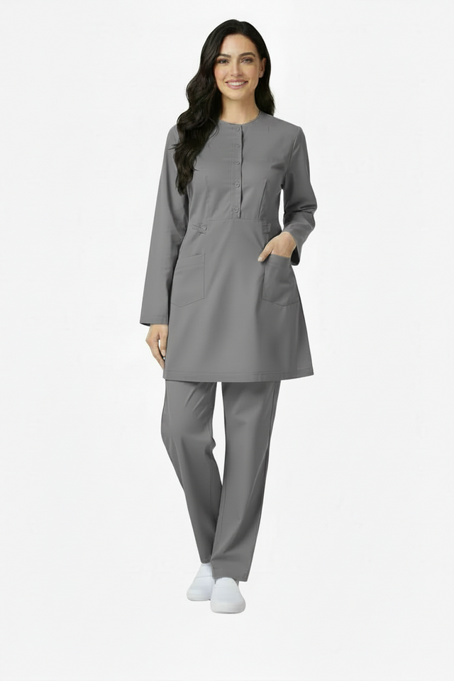 Ladies 2-Pockets Button with Round Neck Scrub