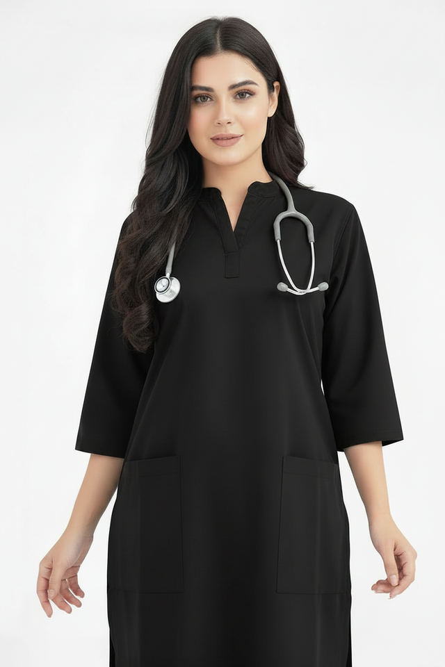 Women's 2-Pockets Round V-Neck Scrub + Ban Collar