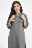 Women's 2-Pockets Round V-Neck Scrub + Ban Collar