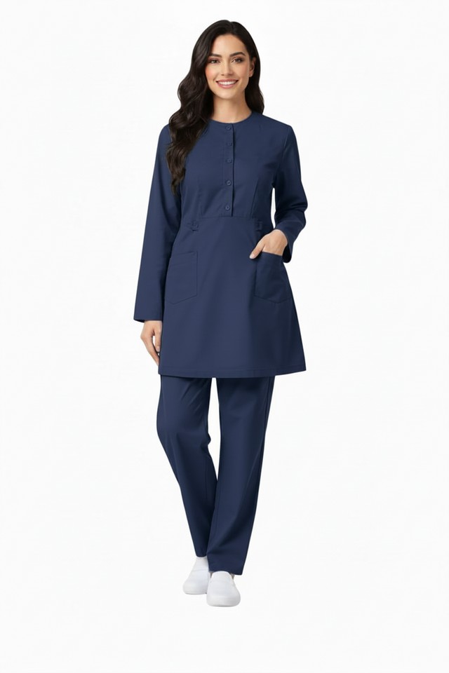 Ladies 2-Pockets Button with Round Neck Scrub