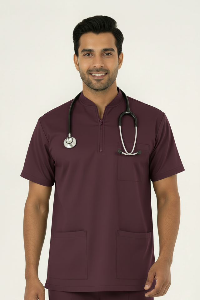 Men's 3-Pockets Zip Ban Medical Scrub Top