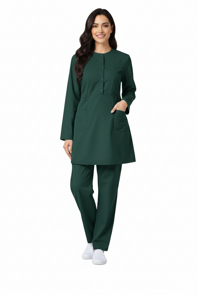 Ladies 2-Pockets Button with Round Neck Scrub