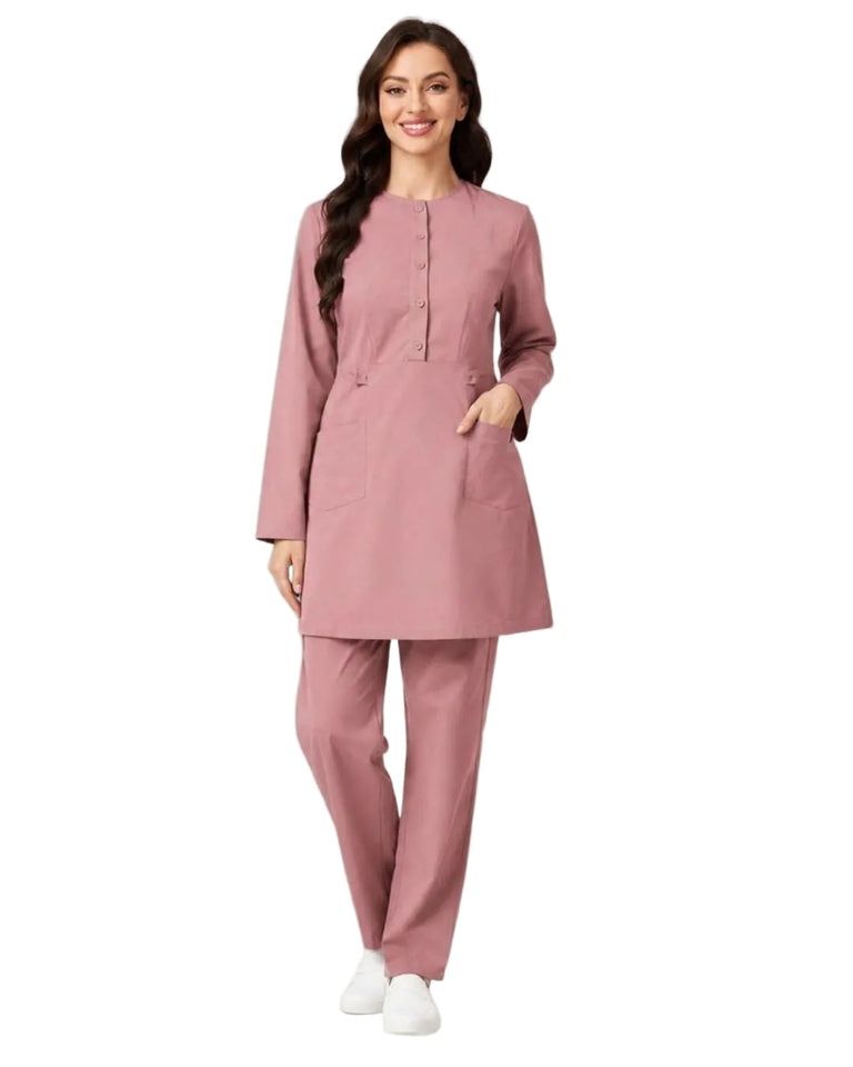 Ladies 2-Pockets Button with Round Neck Scrub