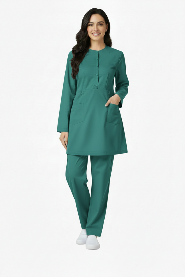 Ladies 2-Pockets Button with Round Neck Scrub