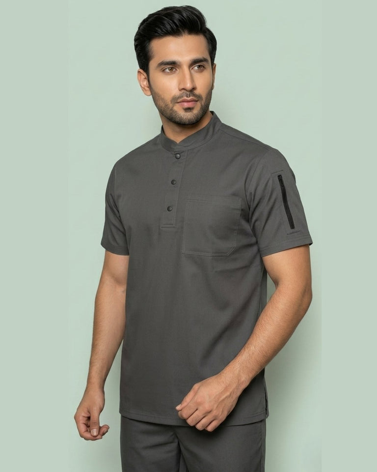 Men’s charcoal gray mandarin collar scrub top with utility pockets for healthcare professionals